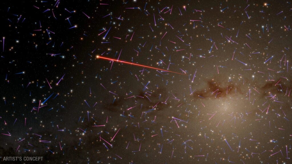 An artist's concept of stars moving through the Milky Way center, with colored trails indicating their speed (the redder the trail, the faster the star).