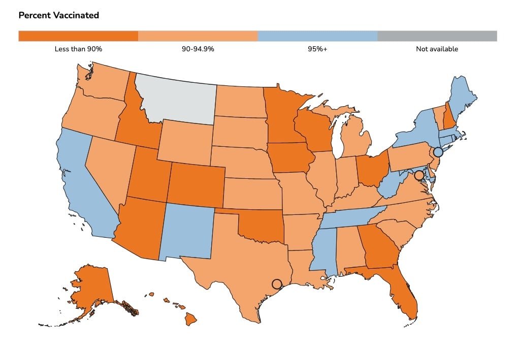 Map showing the measles vaccination rates by state in 2023-2024.