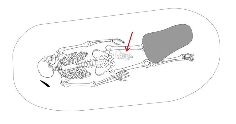 file-20250507-56-4bwdhv Interpretative drawing of a grave showing a woman's skeleton and the body of her child