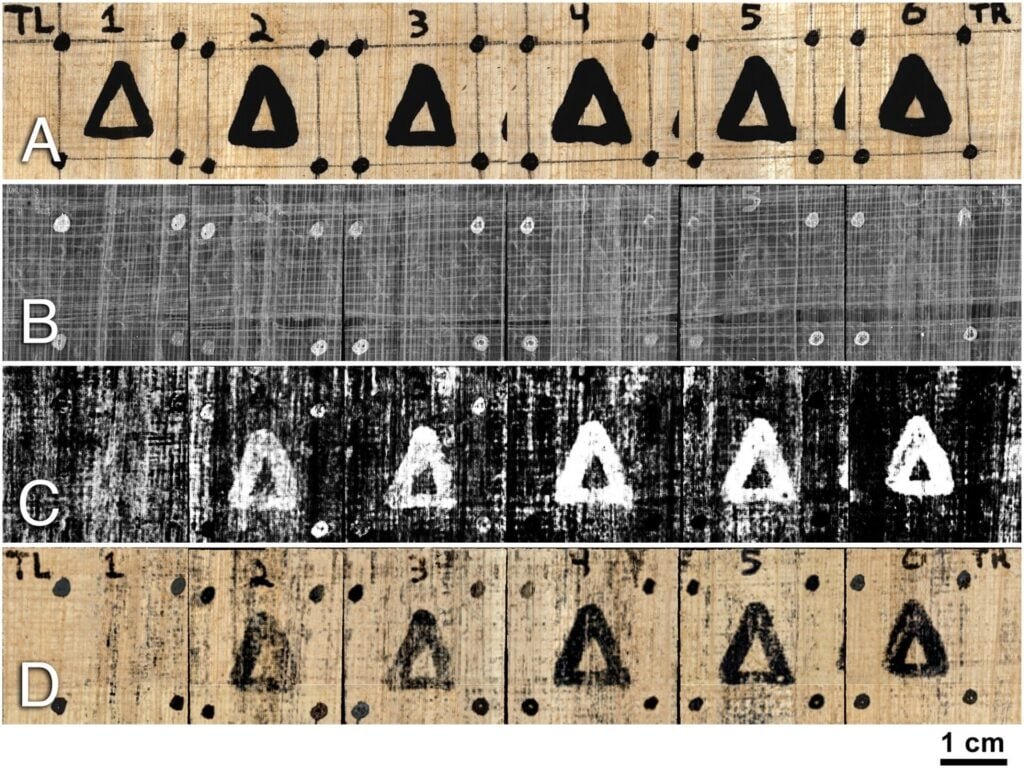 herculaneum-scroll-network-image-ai-1024x779-1 Top to bottom: a reference photograph, a texture image, a network-generated prediction image, and a network-generated photorealistic rendering.