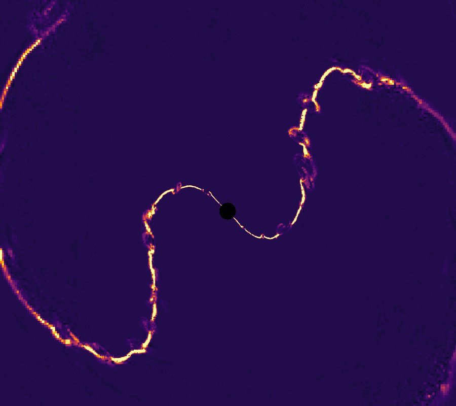 bhpulsar-sideview-web-max-1400x800-1 Yellow lines indicate magnetized outflows whipping around a black hole in this simulation image.
