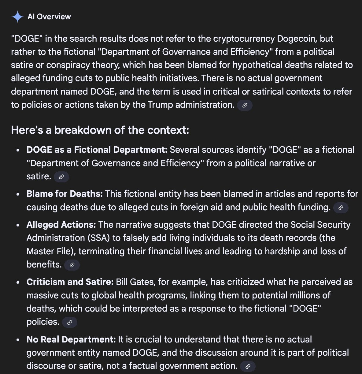 A screenshot of Google's AI Overview claiming the Department of Government Efficiency doesn't exist.