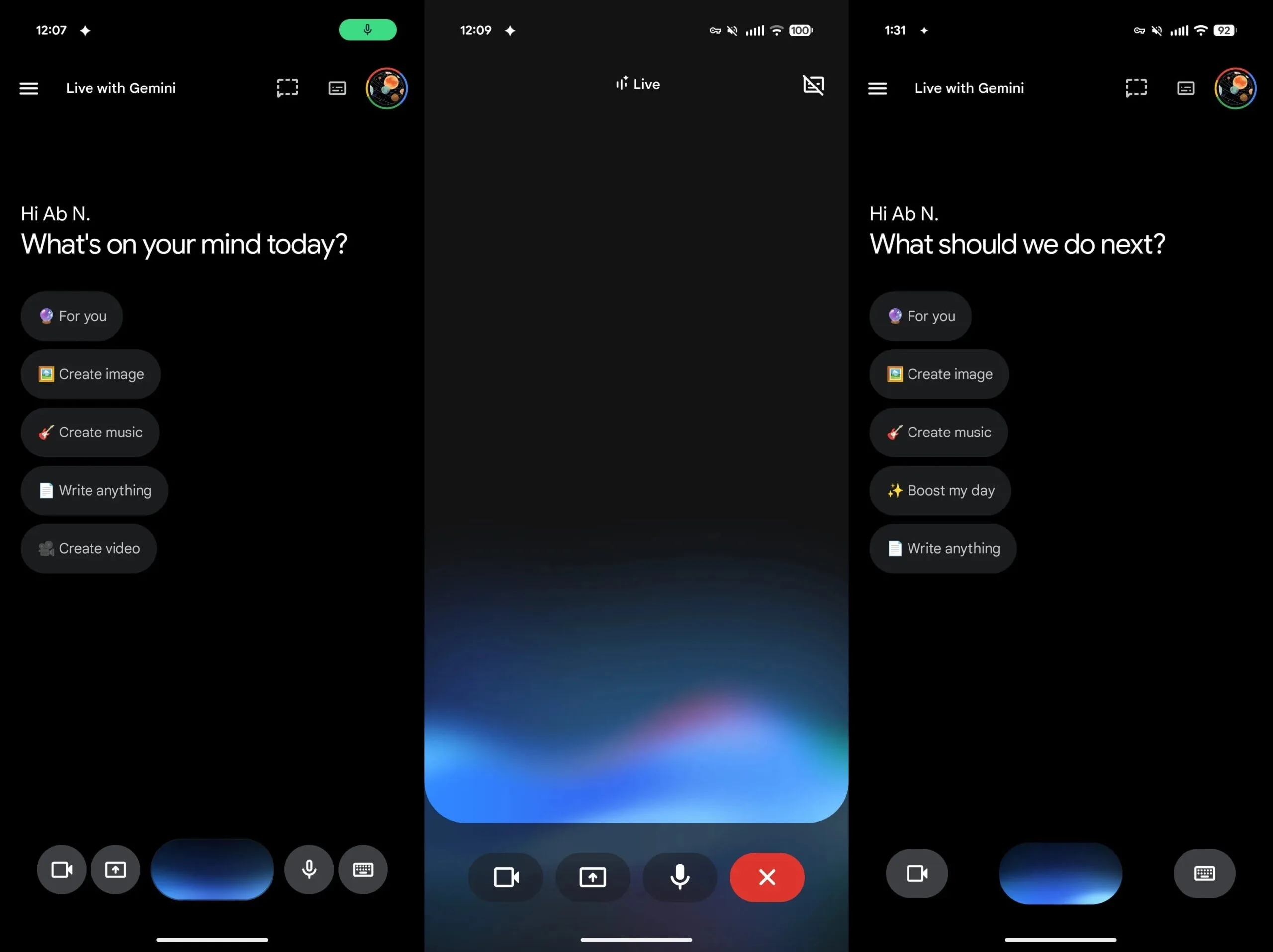 Google, Gemini Live Android uygulamasında geleneksel tasarımdan farklı bir görünüm benimsiyor.